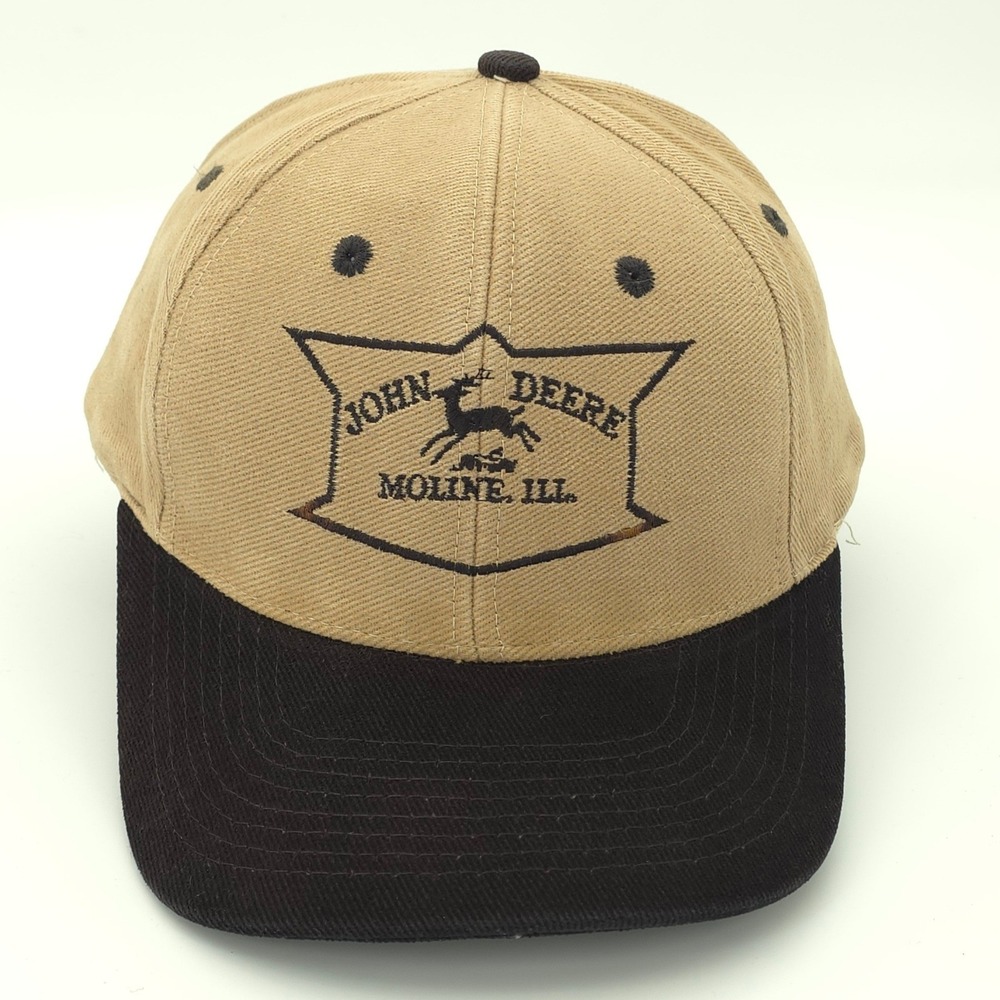 VINTAGE John Deere Hat Cap Mens Snap Back Tan Black Farming Workwear Tractor